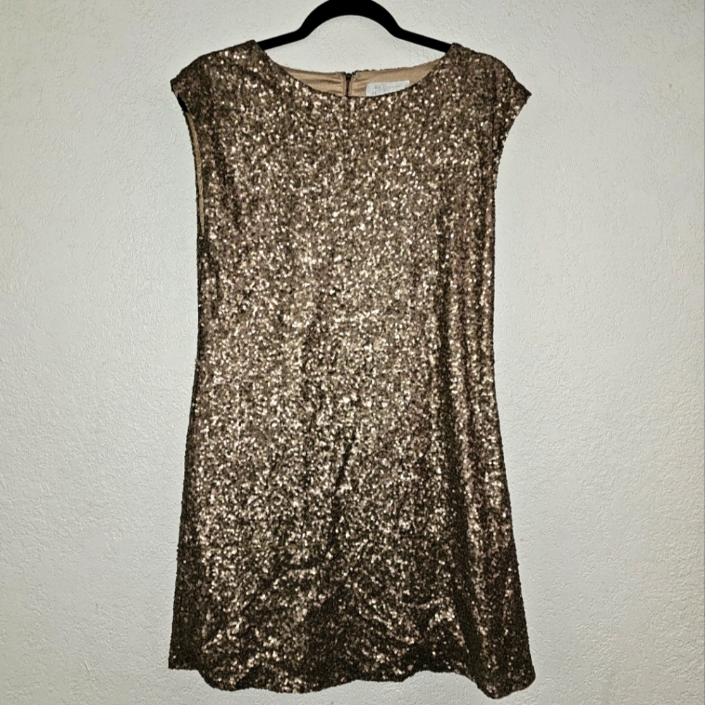 MM Couture by MISS ME Rose gold sequin shift Lined dress Size Small Cap Sleeve
